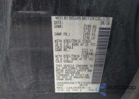 2016 Nissan Frontier Sv z USA, uszkodzony, nr VIN 1N6AD0ER3GN792509